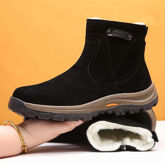 Men's Winter Snow Boots with Lining, High Quality & Slip-Resistant, Brown High-Top Ankle Boots for Outdoor Use, Casual Style, Rubber Sole, Round Toe, Short Boots for Cold Weather