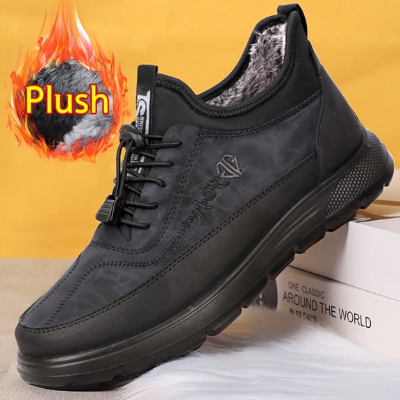 Men's Winter Snow Boots with Plush & Ankle - Slip-On Ankle-High Traction Tires, PU Sole for Ice & Snow - Warm Hiking Shoes for Ice Skating, Outdoor Trekking, and Daily Use (Black)