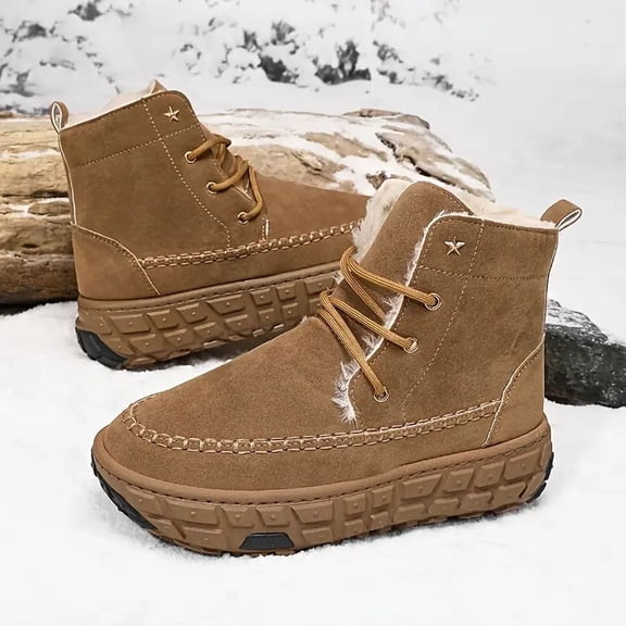 Men's Winter Snow Boots Slip-On with Traction Rubber Sole & Warm PU - All-Season Low-Cut Round Toe, /Fabric Upper, Brown/Black for Snow, Ice, Slush - Casual Outdoor (No Buckles/Laces)