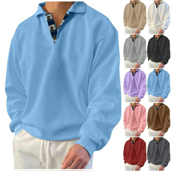 Men's Winter Solid Color Lapel Loose Long Sleeve T-Shirt, Henley Button Up Sport Top for Casual Wear, Gym and Lounge,Red,2XL