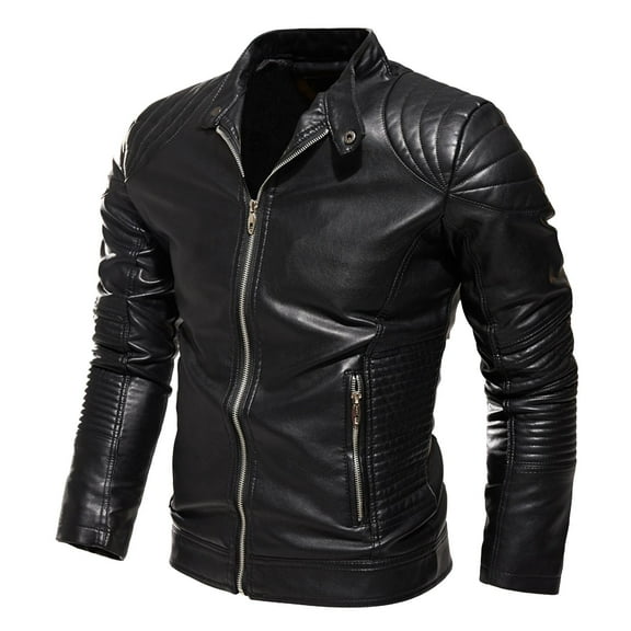 Men's Winter Solid Colour PU Leather Jacket Motorcycle Suit With Pockets Padded Jacket Coat