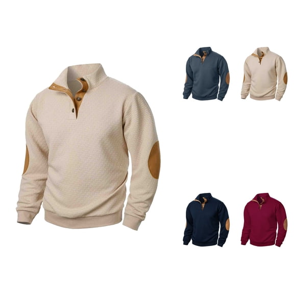 Men's Winter Stand Collar Jacquard Sweatshirt, Quarter Button Pullover, Casual Joint Stitching, Elbow Patches, Multiple Colors, Various Sizes