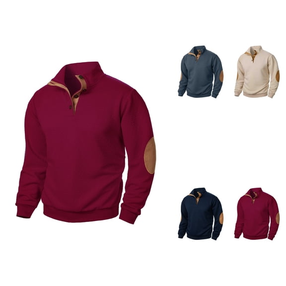 Men's Winter Stand Collar Jacquard Sweatshirt, Quarter Button Pullover, Casual Joint Stitching, Elbow Patches, Multiple Colors, Various Sizes