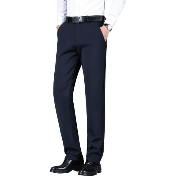 MEILIHUA Men's Winter Stretch Dress Pants - Thick 4-Way Elastic Formal Trousers with Back Embroidery