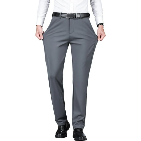 MEILIHUA Men's Winter Stretch Dress Pants - Thick 4-Way Elastic Formal Trousers with Back Embroidery
