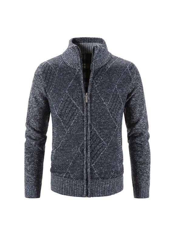 Men's Winter Sweater Jacket Long Sleeve Plus Velvet Turtleneck Thick Diamond Block Check Sweater Fashion Cardigan Jacket