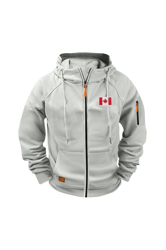Men’s Winter Tactical Canada Flag Zip Hoodie - Patriotic Maple Leaf Hooded Jacket with Ergonomic Cut & Cargo Pockets (Durable Insulating Fabric)