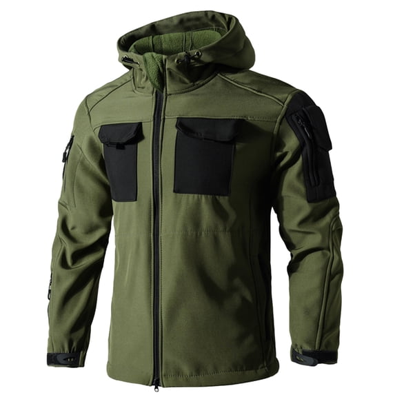 Men's Winter Tactical Jackets Camouflage Windproof Breathable Softshell Hooded Coat with Zip Pockets Utility Style Regular Fit Outdoor Sports Jacket for Outdoor Army Green L