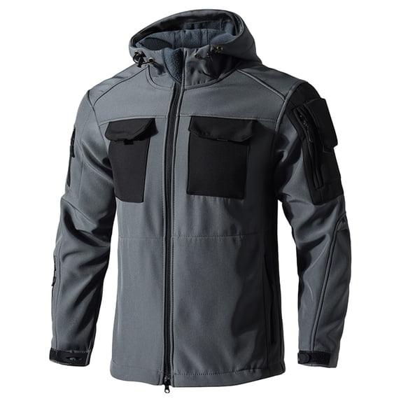 Men's Winter Tactical Jackets Camouflage Windproof Breathable Softshell Hooded Coat with Zip Pockets Utility Style Regular Fit Outdoor Sports Jacket for Outdoor Dark Gray M