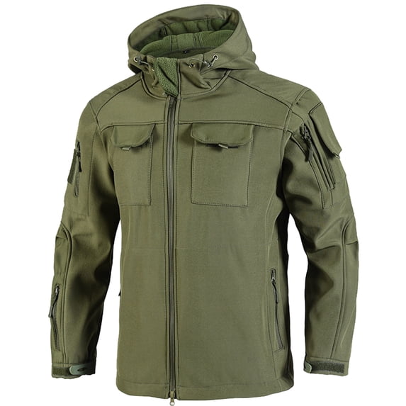 Men's Winter Tactical Jackets Camouflage Windproof Breathable Softshell Hooded Coat with Zip Pockets Utility Style Regular Fit Outdoor Sports Jacket for Outdoor Dark Green XL