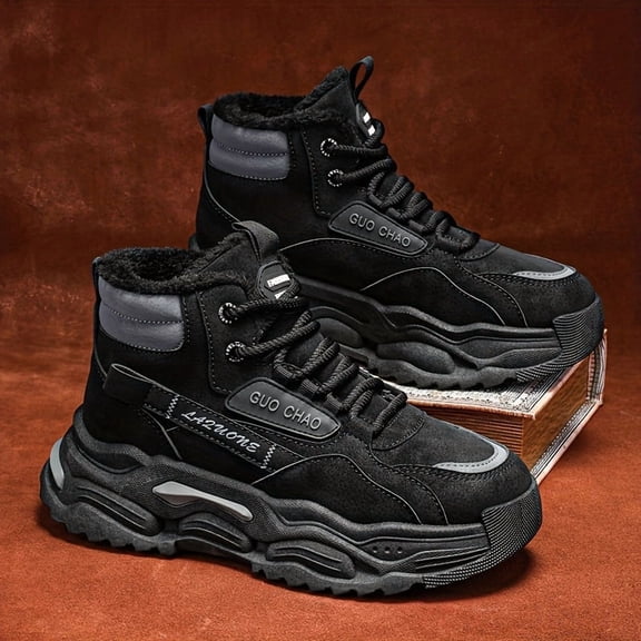 Men's Winter Thermal Insulated Short Boots with Thick PU Sole & Warm - All-Terrain Traction for Hiking, Snow, Ice - Outdoor Winter Sports & Casual Wear - Lettering Print - PU Boots for Cold Weather