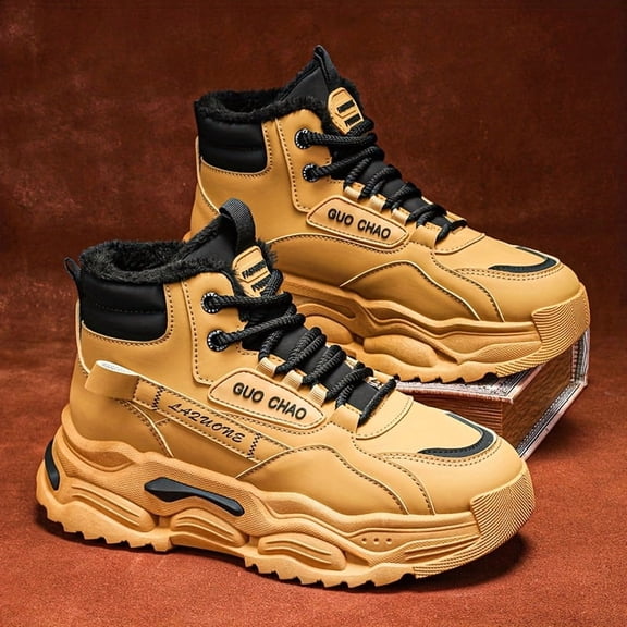 Men's Winter Thermal Insulated Short Boots with Thick PU Sole & Warm - All-Terrain Traction for Hiking, Snow, Ice - Outdoor Winter Sports & Casual Wear - Lettering Print - PU Boots for Cold Weather