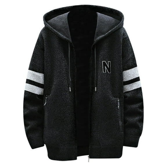 Men's Winter Thermal Knitwear Jackets Fashion Stripe Contrast Color Sleeve Hooded Coats With Zipper Closure Pockets