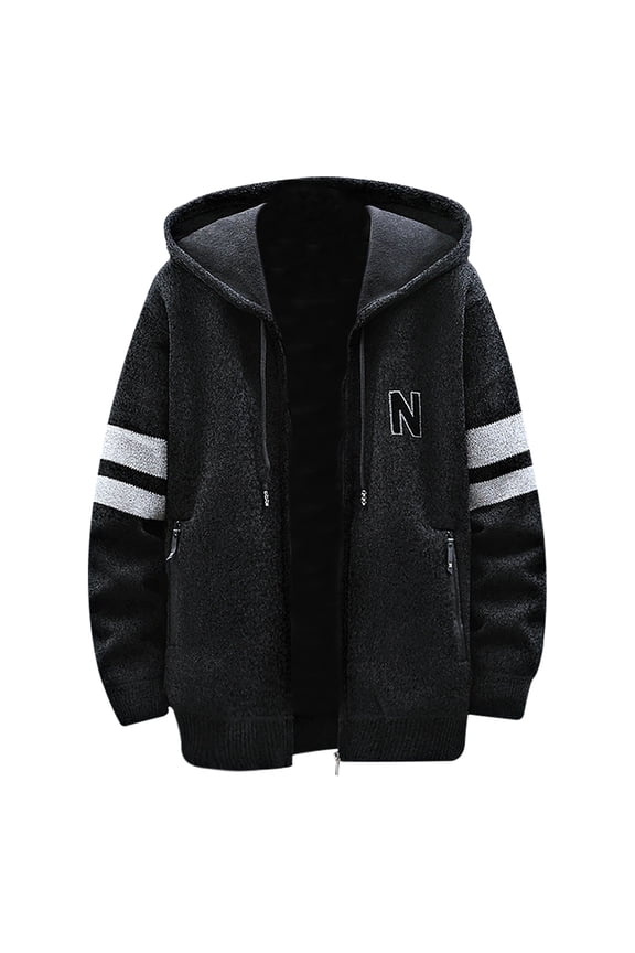 Men's Winter Thermal Knitwear Jackets Fashion Stripe Contrast Color Sleeve Hooded Coats With Zipper Closure Pockets