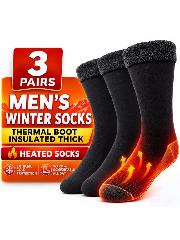 Men's Winter Thermal Socks 3 Pairs, Thick Warm Insulated Boot Socks for Cold Weather, Hiking, Outdoor Work and Snow Black