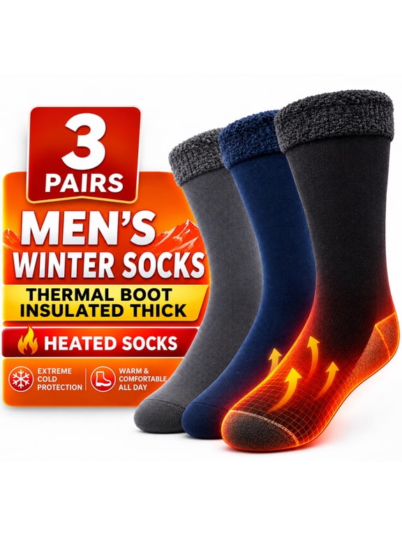Men's Winter Thermal Socks 3 Pairs, Thick Warm Insulated Boot Socks for Cold Weather, Hiking, Outdoor Work and Snow