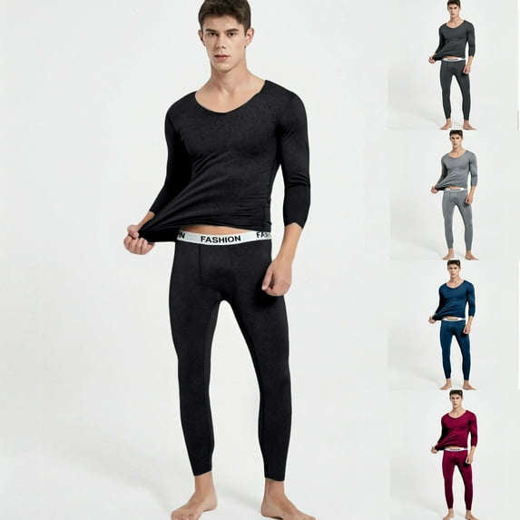 Men's Winter Thermal Underwear Set, Fleece-Lined Thin V-Neck Cationic Top and Pants, Seamless Quick-Warming Base Layer For Cold Weather,Black,L