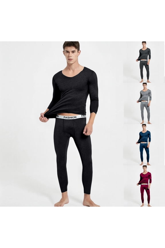 Men's Winter Thermal Underwear Set, Fleece-Lined Thin V-Neck Cationic Top and Pants, Seamless Quick-Warming Base Layer For Cold Weather,Black,XL