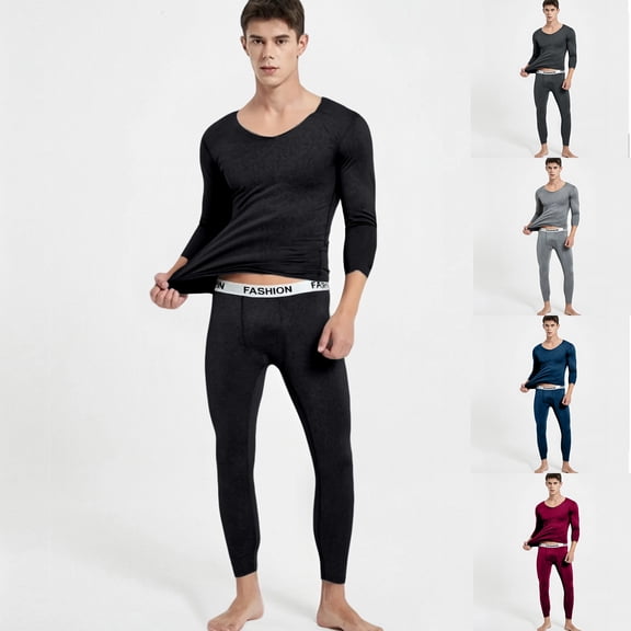 Men's Winter Thermal Underwear Set, Fleece-Lined Thin V-Neck Cationic Top and Pants, Seamless Quick-Warming Base Layer For Cold Weather,Navy,3XL