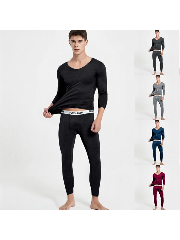 Men's Winter Thermal Underwear Set, Fleece-Lined Thin V-Neck Cationic Top and Pants, Seamless Quick-Warming Base Layer For Cold Weather,Red,XL
