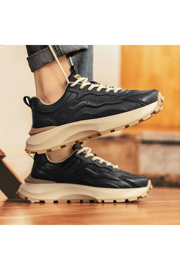 Men's Winter Thick-Sole Retro Sneakers - Upper & Rubber Sole Lace-Up Low-Top with Cushioned for Streetwear, Casual, - Warm Round Toe Autumn Winter Footwear