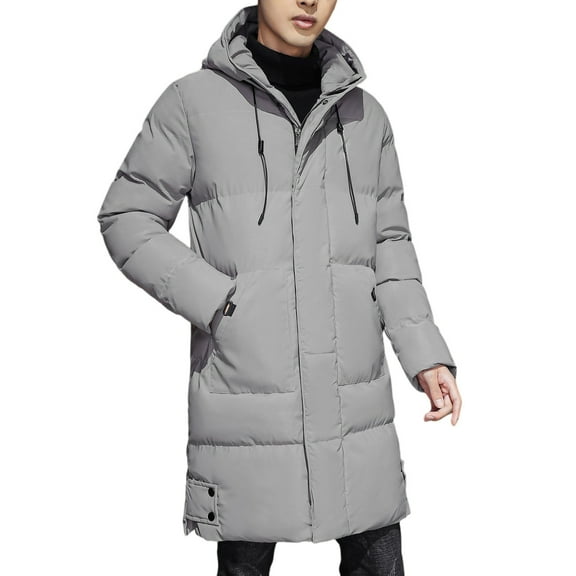 Men's Winter Thickened Windproof Warm Full-Zip Hooded Long-Length Quilted Cotton-Padded Jacket, Gray, Size XXL