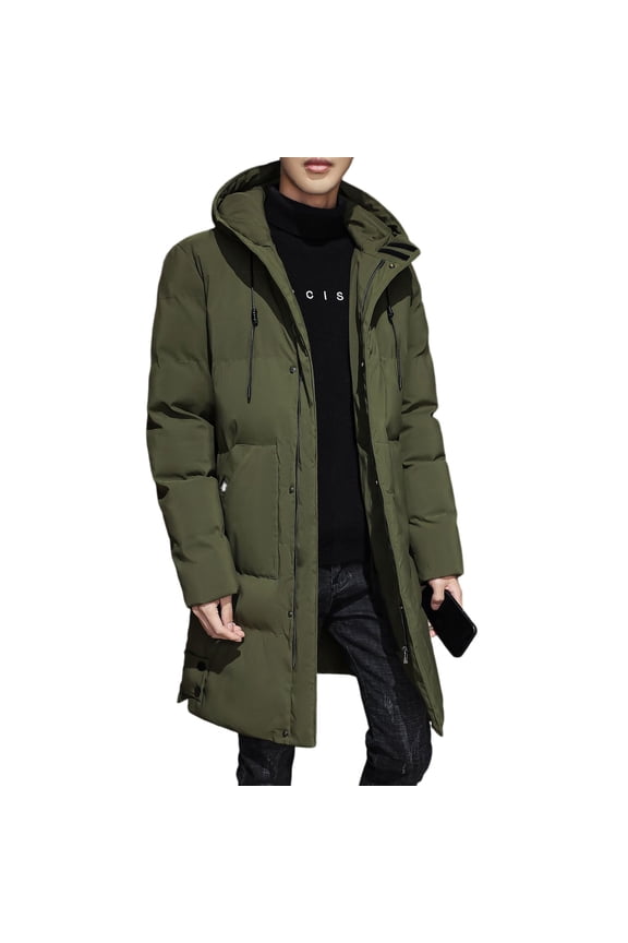 Men's Winter Thickened Windproof Warm Full-Zip Hooded Long-Length Quilted Cotton-Padded Jacket, Green, Size XL