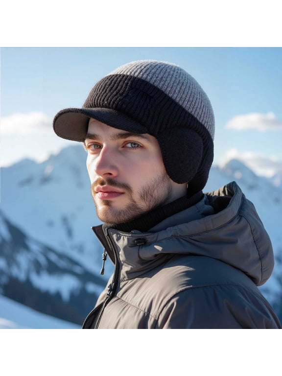 Men's Winter Trapper Hat with Ear Flaps Faux Fur Lined Windproof Insulated 3-in-1 Warm Knit Cap for Extreme Cold Weather Outdoor Skiing Snow Gear