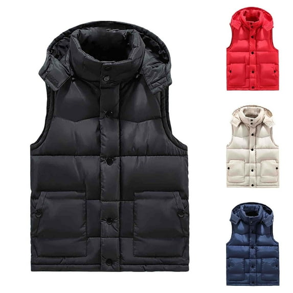 Men's Winter Trend Wear Loose Thick Down Cotton Clip Multi-pocket Solid Color Casual Hooded Vest Coat - Lightweight for Cold Weather Outdoor Sports, Daily Layering, and Christmas Activities,Beige,L