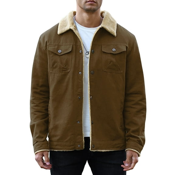 Men's Winter Trucker Jacket Thick Thermal Cotton Warm Fleece Lined Coat with Flap Pockets