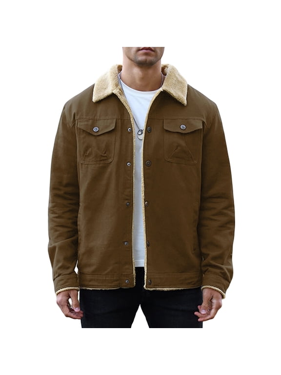 Men's Winter Trucker Jacket Thick Thermal Cotton Warm Fleece Lined Coat with Flap Pockets