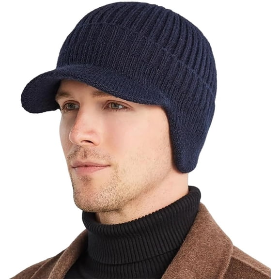 Men's Winter Visor Beanie Hat with Earflaps Knit Baseball Cap with Brim Ski Hat Warm Fleece Lined Hunting Hat