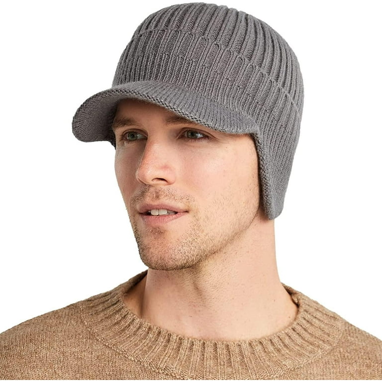 Men s Winter Visor Hat Beanie Hat with Earflaps Knitted Baseball Cap Short Brim Ski Hat Warm Fleece Lining Hat