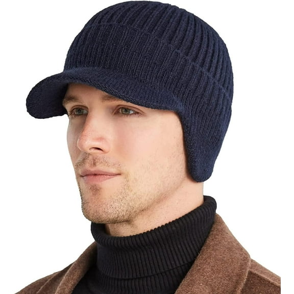 Men's Winter Visor Hat Beanie Hat with Earflaps Knitted Baseball Cap Short Brim Ski Hat Warm Fleece Lining Hat