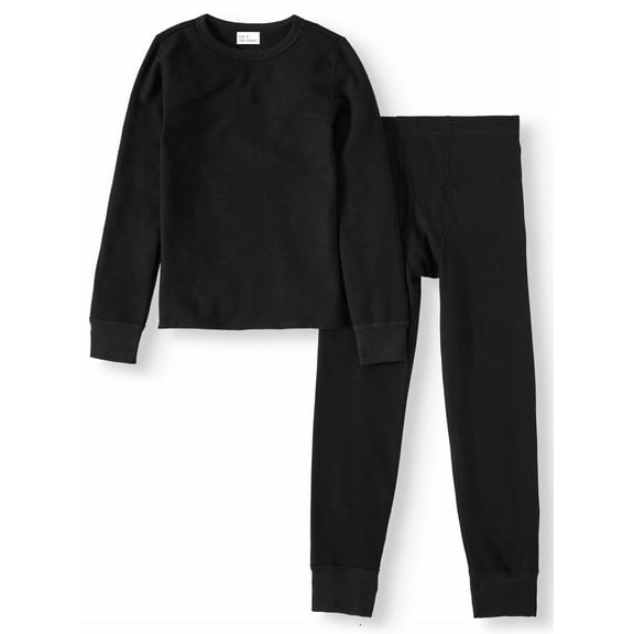 Men's Winter Waffle Knit Thermal Long Johns 100% Cotton Underwear Top Bottom 2 Pcs Set Black