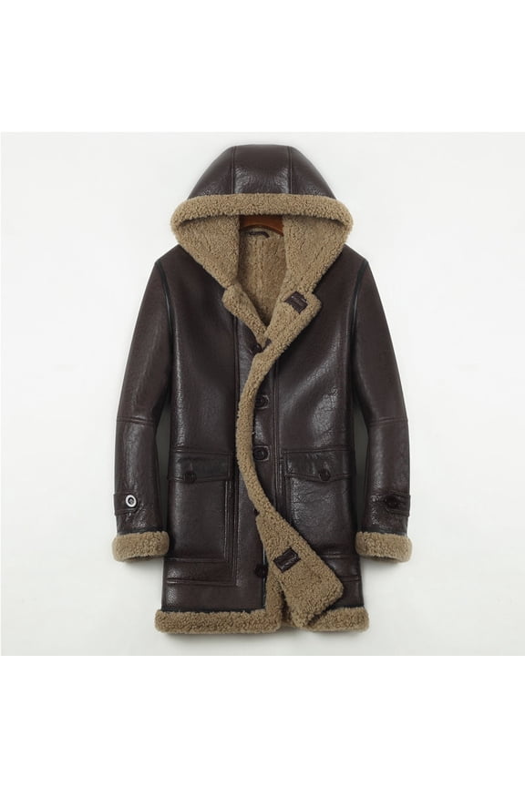 Men's Winter Warm Coat Male Long Jacket Genuine Sheepskin 100% Natural Real Lambskin Leather Thick Wool Liner with a Hood Brown Plus Big Size XXXXXL 3XL 4XL 5XL,Brown,60