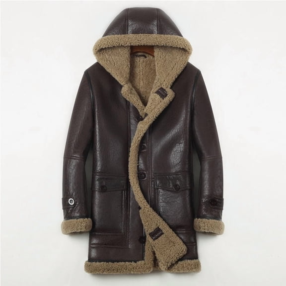 Men's Winter Warm Coat Male Long Jacket Genuine Sheepskin 100% Natural Real Lambskin Leather Thick Wool Liner with a Hood Brown Plus Big Size XXXXXL 3XL 4XL 5XL,Brown,48