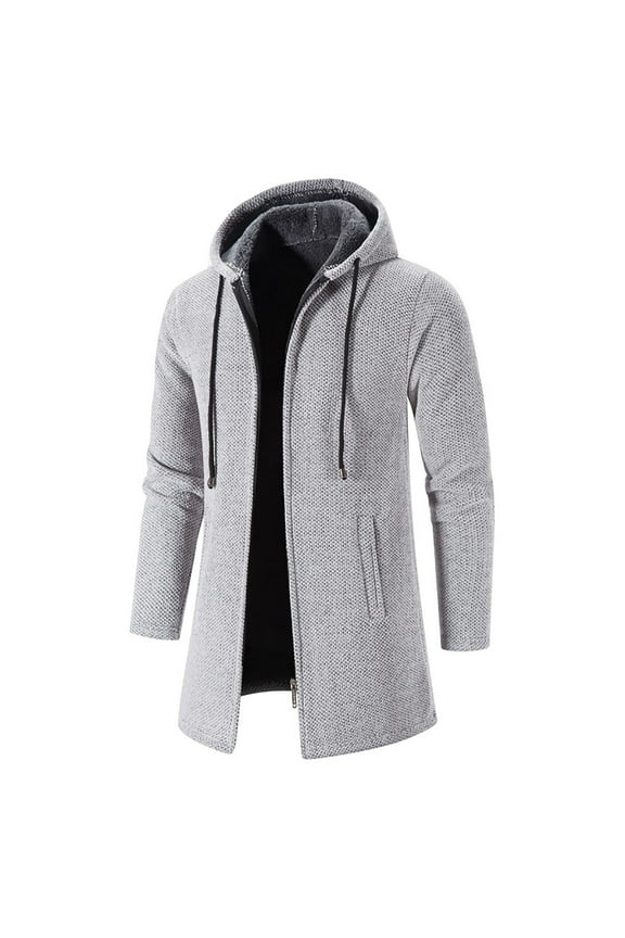 Men's Winter Warm Hooded Sweater Coat Thicken Fleece Lined Cardigan Outwear Pockets Long Knitted Sweaters Overcoat Silver XL