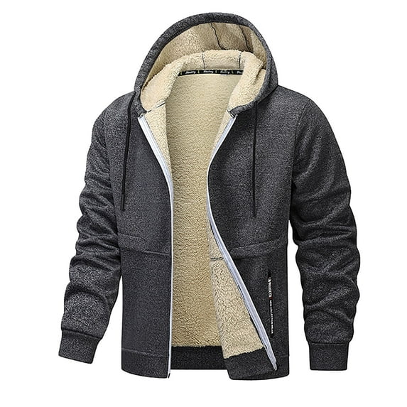Men's Winter Warm Hoodies Coat Solid Color Thick Fleece Zipper Pocket Drawstring Long Sleeved Hooded Casual Outwear Jackets Dark Gray XL