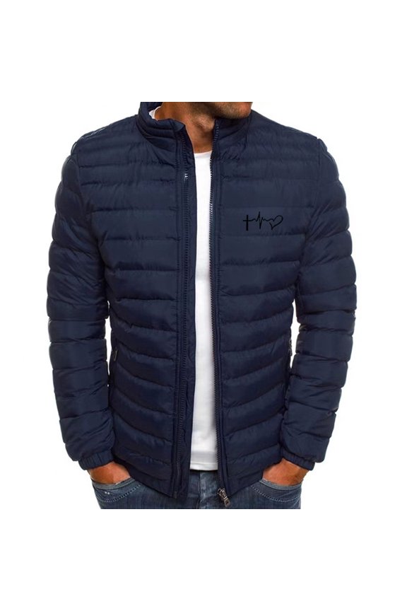 Men's Winter Warm Jacket Stand Collar Full Zip Padded Coats for Men Lightweight Down Quilted Thickened Jacket (Navy L)