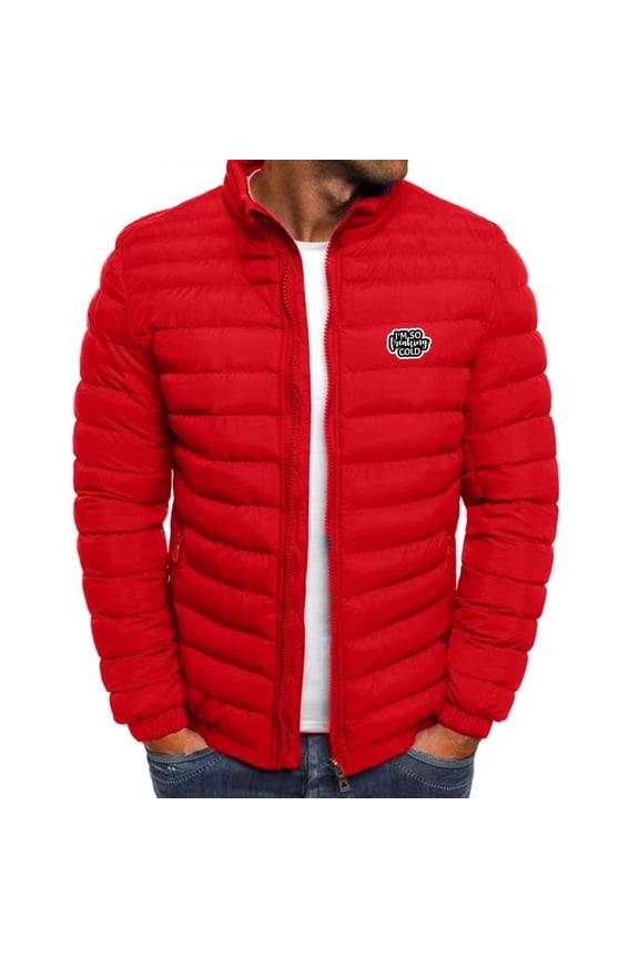 Men's Winter Warm Jacket Stand Collar Full Zip Padded Coats for Men Lightweight Down Quilted Thickened Jacket (Red S)