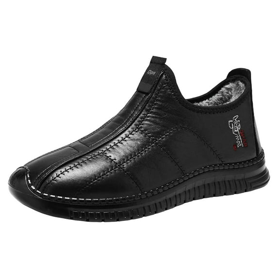 Men's Winter Warm Plush Ankle Boots Casual Non Slip Leather Loafers Fleece Lined Slip On Running Walking Shoes Black Size 10.5