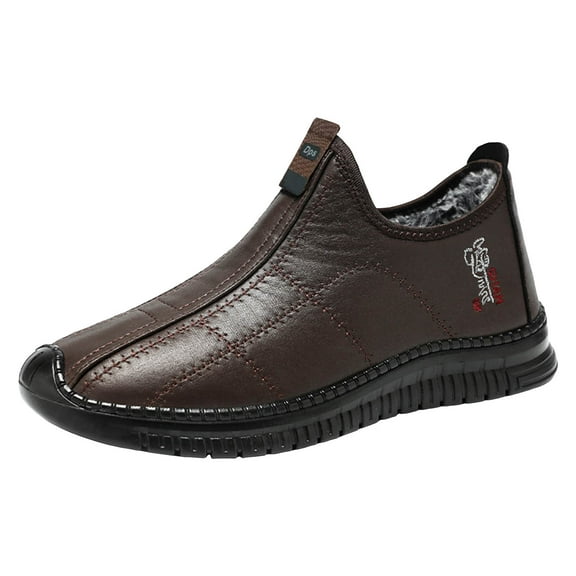 Men's Winter Warm Plush Ankle Boots Casual Non Slip Leather Loafers Fleece Lined Slip On Running Walking Shoes Brown Size 9