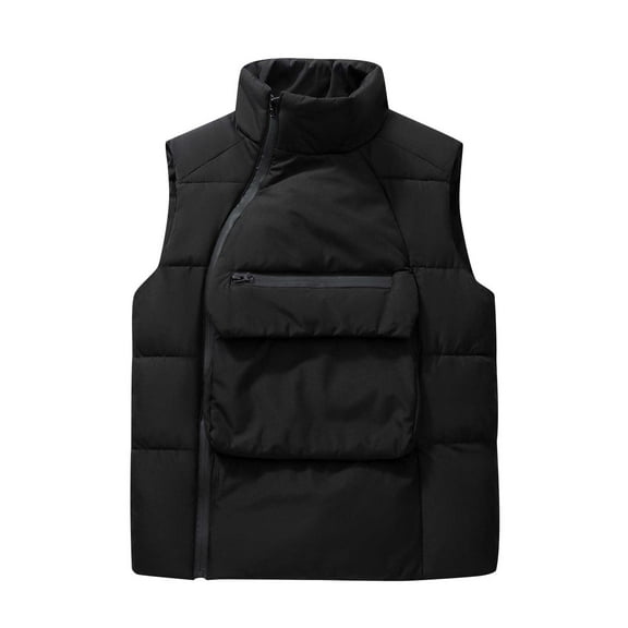 Men's Winter Warm Stand Collar Sleeveless Zipper Pockets Solid Color Down Vest ffer Waistcoat Coats Black L