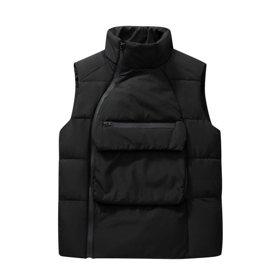 Men's Winter Warm Stand Collar Sleeveless Zipper Pockets Solid Color Down Vest ffer Waistcoat Coats Black L