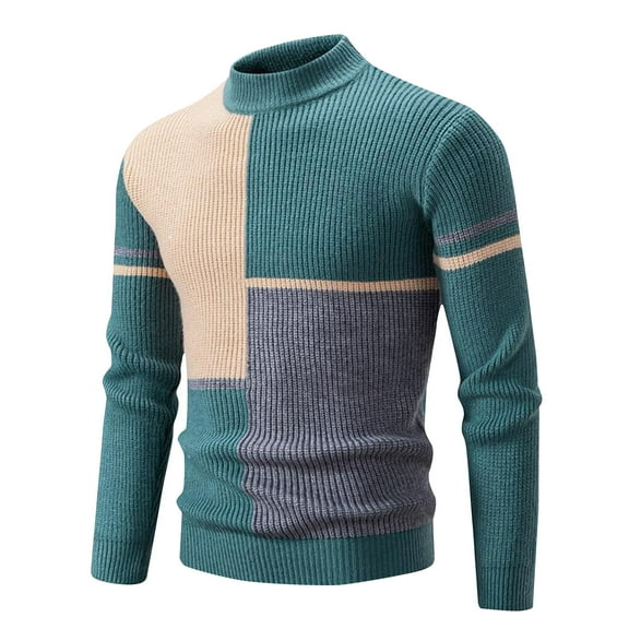 Men's Winter Warm Sweaters Activewear Knitwear Color Block Sweater Pullovers Fleece Thick Knit Sweaters Tops Round Neck Long Sleeve Shirts Casual Loose Pullover