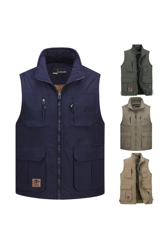 Men's Winter Warm Vest Outerwear Sherpa Lined Fleece Sleeveless Jacket Cotton Work Casual Fishing Vest with Inner Pocket Big and Tall Size L-4XL Khaki
