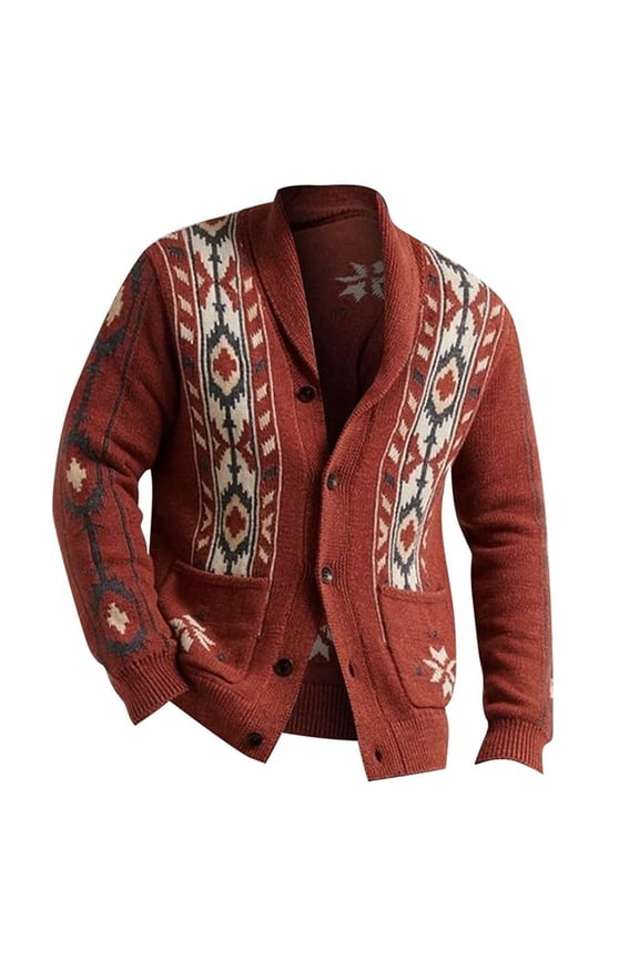 Men's Winter Weave Button-Up Cardigan Jacket Long Sleeve Turn-Down Collar Brocade Sweater