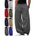 thumbnail image 1 of Men's Winter Wide Leg Sweatpants Pocket Bandage Elastic Waist Solid Color Casual And Fashionable Full Length Pants, 1 of 7