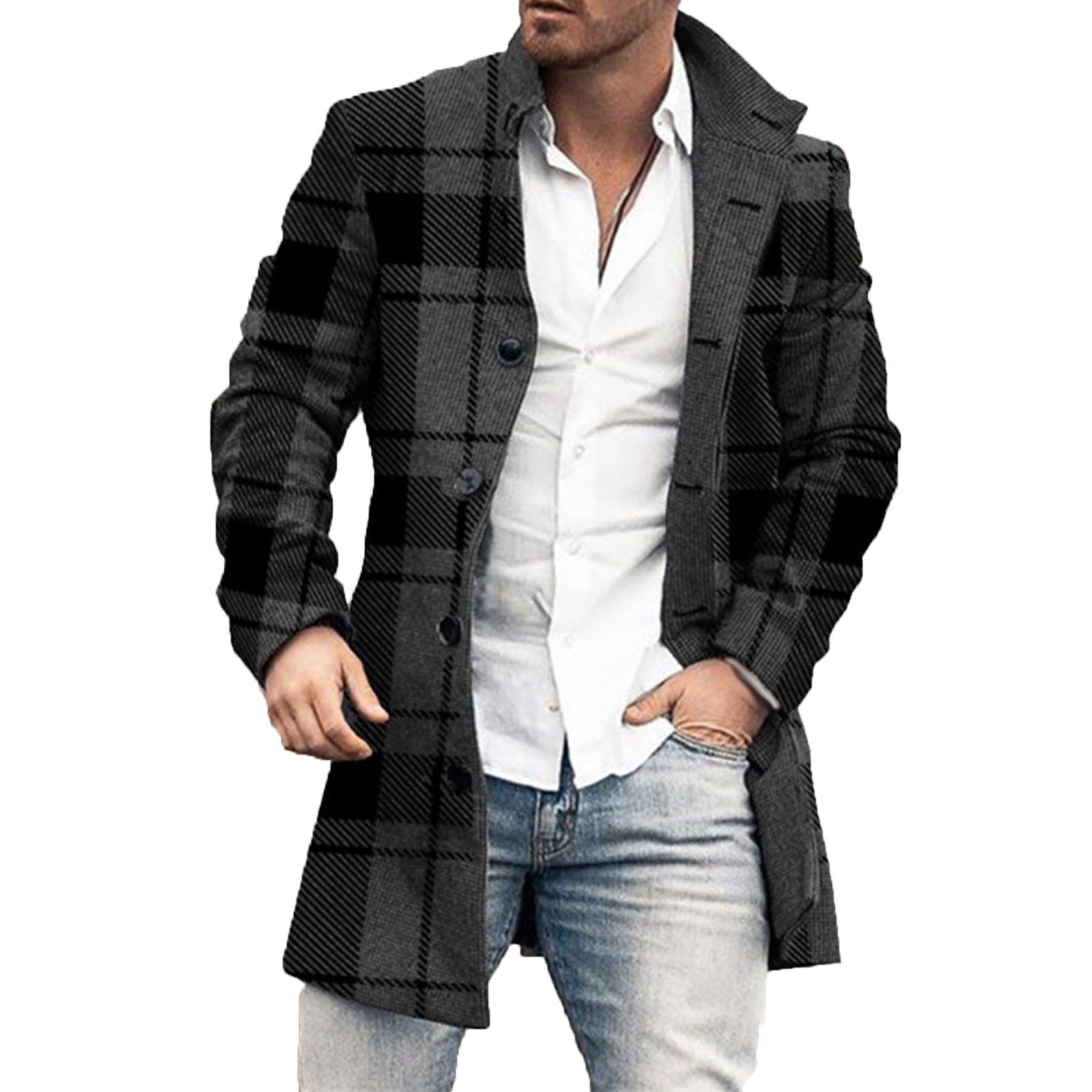 Men s Winter Wool Coat Slim Mid length Coats Overcoat Pea Coat Casual Woolen Trench Coat Single Breasted Wool Jacket Lapel Suit Windbreaker Walmart